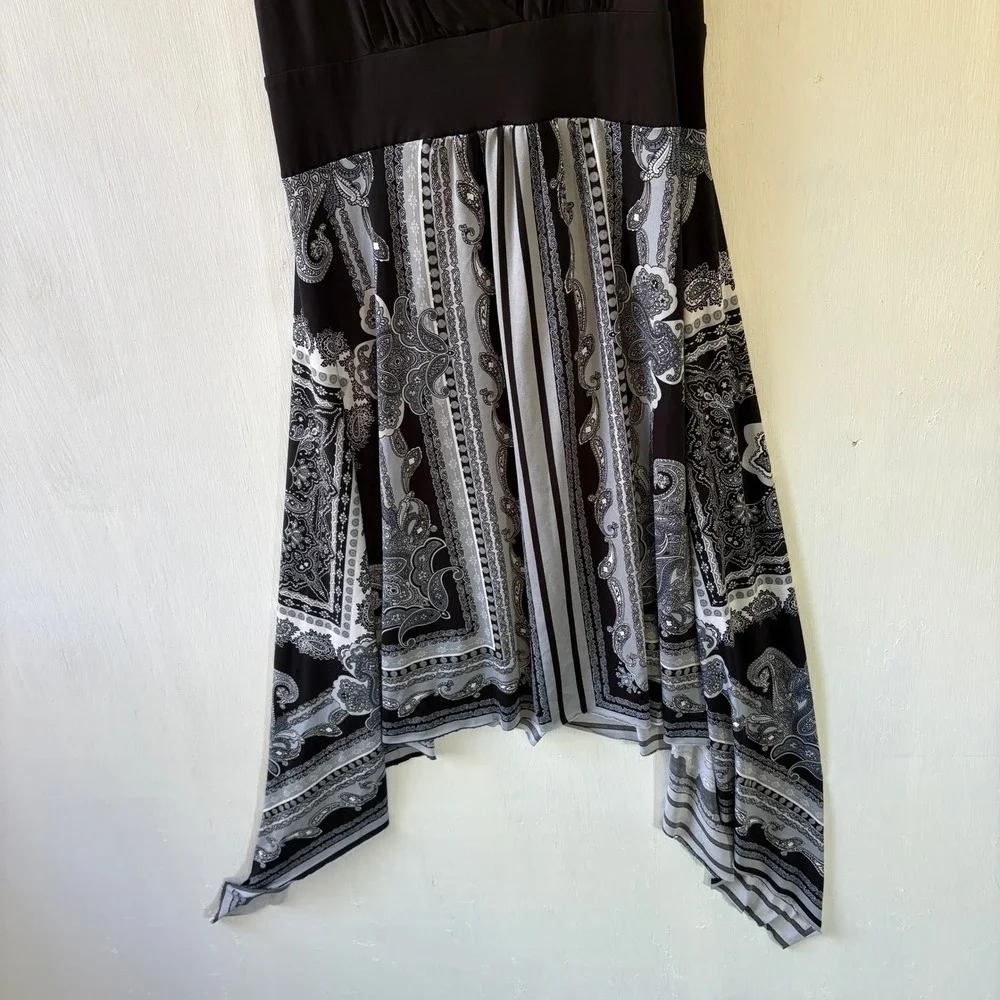 Medium Halter Dress MUSA USA Black Paisley Handkerchief Hem V‎ Neck Size Med y2k